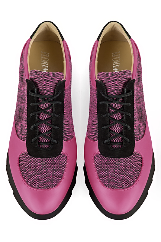 Fuschia pink and matt black women's two-tone elegant sneakers. Round toe. Low rubber soles. Top view - Florence KOOIJMAN